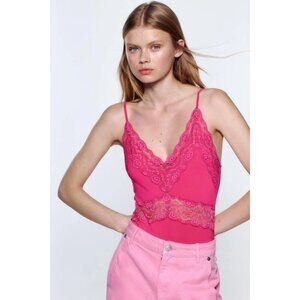 NWOT Zara pink lace trim detail sleeveless bodysuit, M